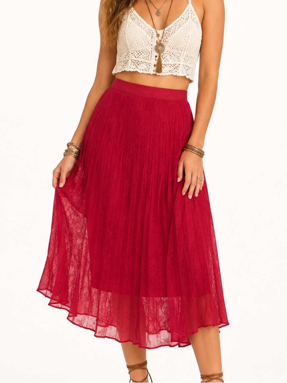 MIMI CHICA red pleated midi skirt fun church holidays lined zipped retro women M